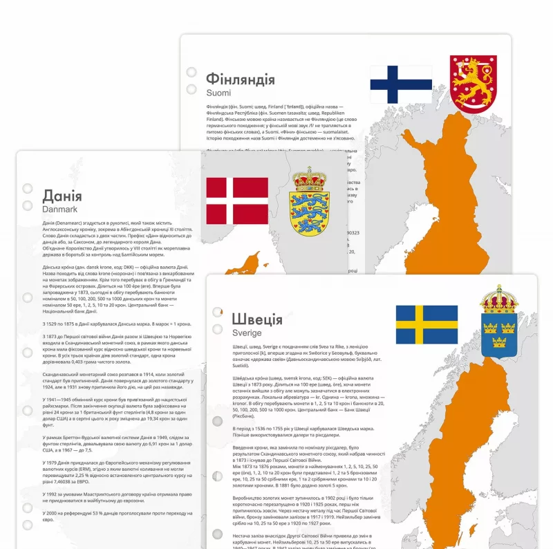 Interleaves sheets for an album with coins of Scandinavia. Informational + Countries.
